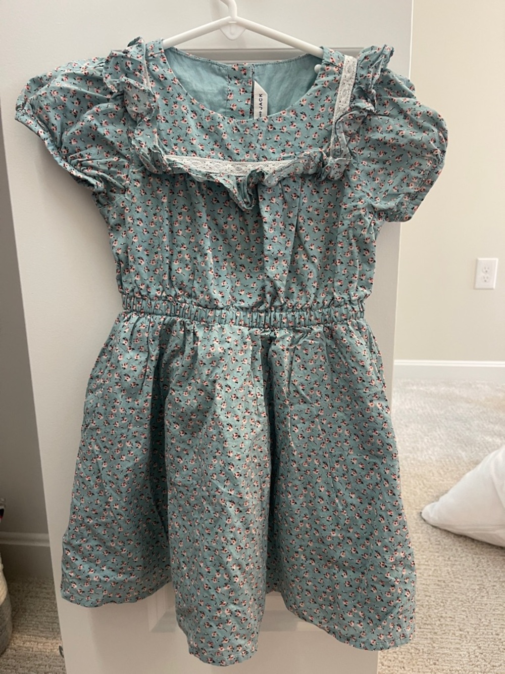Girls' Blue Floral Cotton Dress with Lace Trim